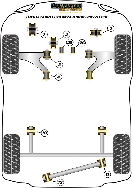 Powerflex Black - Starlet GT Turbo EP82/Glanza V EP91 (1990 - 1999) - Rear Panhard Rod to Beam Bush - PFR76-414BLK